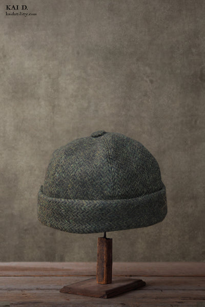 Watch Cap - Green Herringbone Tweed - M, L