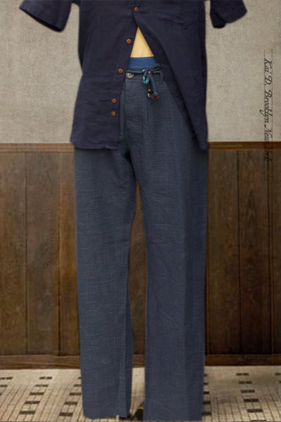 Fred Regular Cut Trousers - Blue Seersucker - M (33/34)