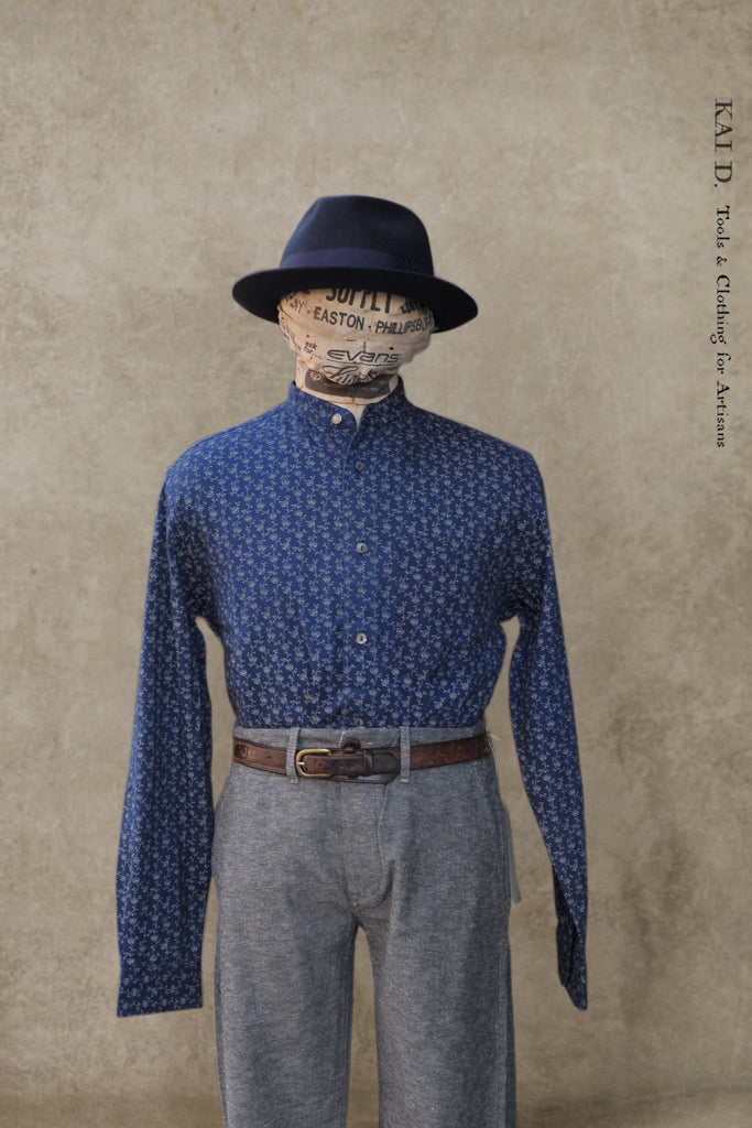 Kai D Utility — Long Sleeve Band Collar Shirt - Indigo