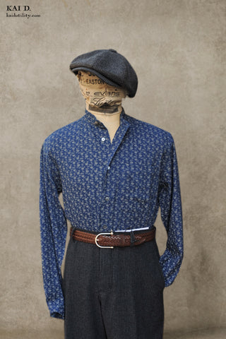 Long Sleeve Band Collar Shirt - Indigo Floral - 3