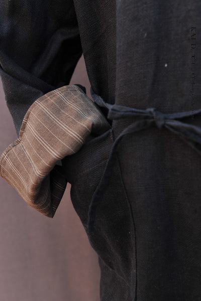 Washed linen Japanese Farmer Coat - Black - M