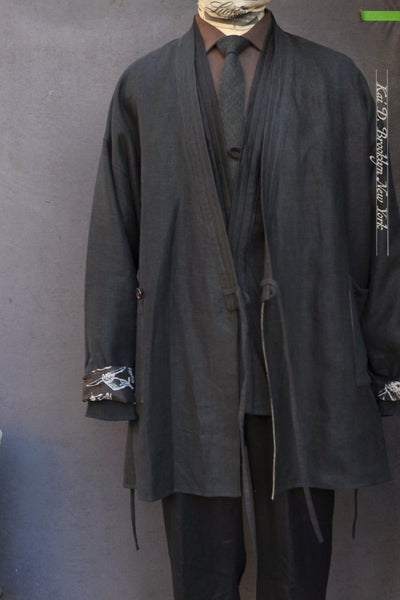 Kyoto Japanese Farmer Coat - Black Crosshatched Linen Twill - S, M (NO RETURN)