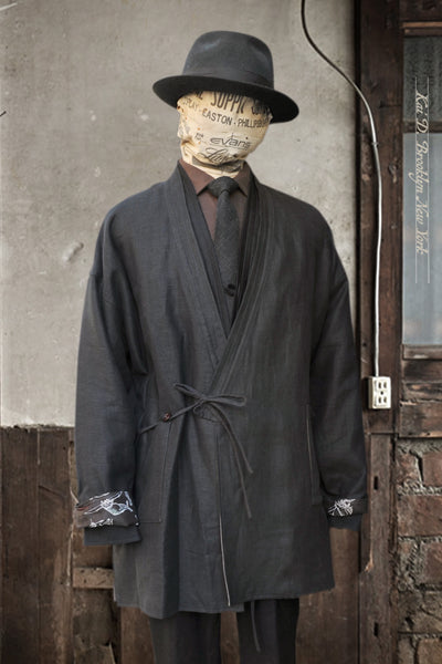 Kyoto Japanese Farmer Coat - Black Crosshatched Linen Twill - S, M (NO RETURN)