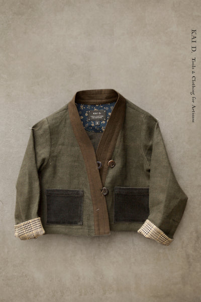 Children's Kimono Jacket - Green Linen Moleskin - S, M