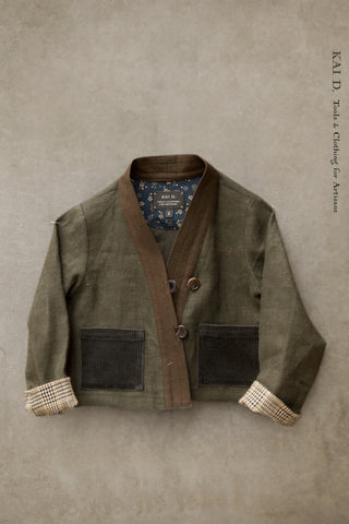 Children's Kimono Jacket - Green Linen Moleskin - S, M