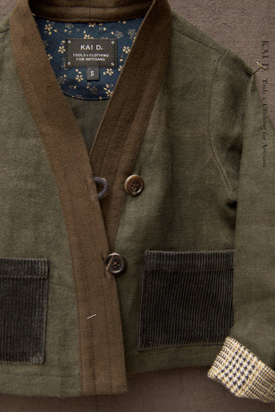 Children's Kimono Jacket - Green Linen Moleskin - S, M