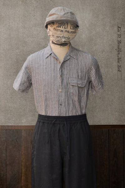 Japanese Linen Camp Shirt - Brown Stripe - M (slim)