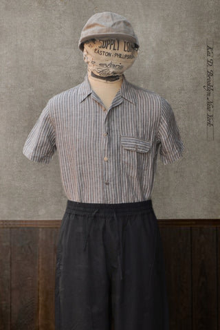 Japanese Linen Camp Shirt - Brown Stripe - M (slim)