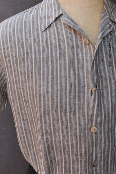 Japanese Linen Camp Shirt - Brown Stripe - M (slim)