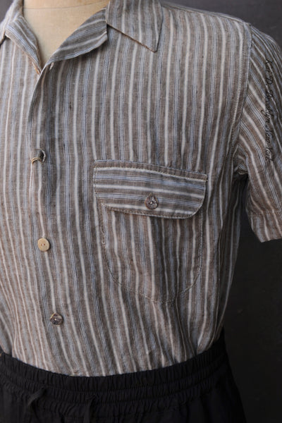 Japanese Linen Camp Shirt - Brown Stripe - M (slim)