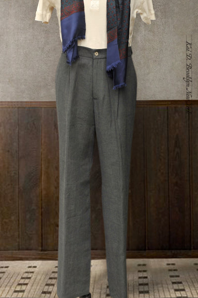 One Pleat Belgian Linen Trousers - Anthracite - 50, 52