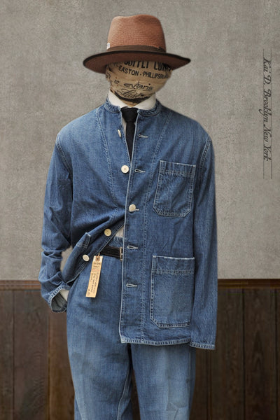 Mason Collarless Jacket - Stone Washed Denim - 52 (L)