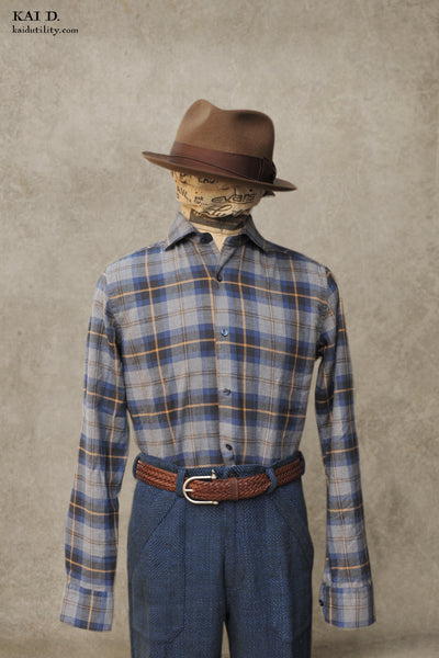 Cotton Merino Plaid Shirt - Blue Grey Plaid - 39, 41, 43