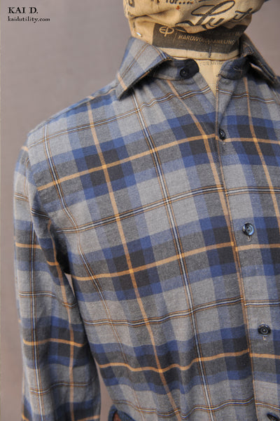 Cotton Merino Plaid Shirt - Blue Grey Plaid - 39, 41, 43