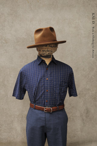 Short Sleeve Cassady Shirt - Navy Sashiko Cotton - S, L, XL