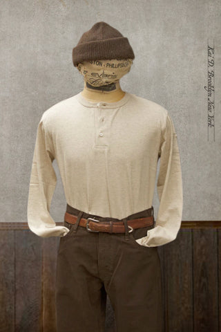 Long Sleeve Henley Tee - Oatmeal Heather - M, XL (Shorter Length)