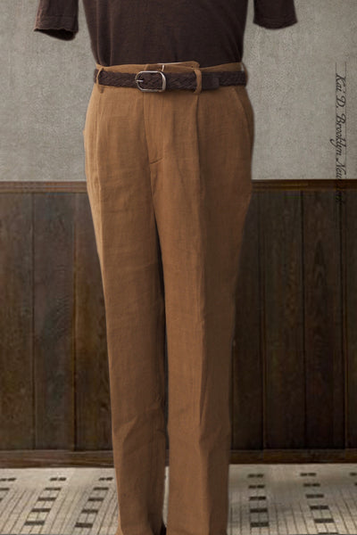 One Pleat Belgian Linen Trousers - Cinnamon - 50, 52 (NO RETURN)
