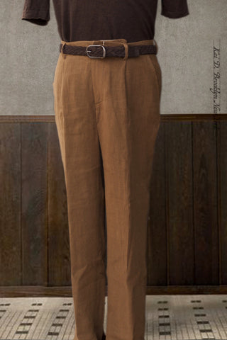 One Pleat Belgian Linen Trousers - Cinnamon - 50, 52 (NO RETURN)