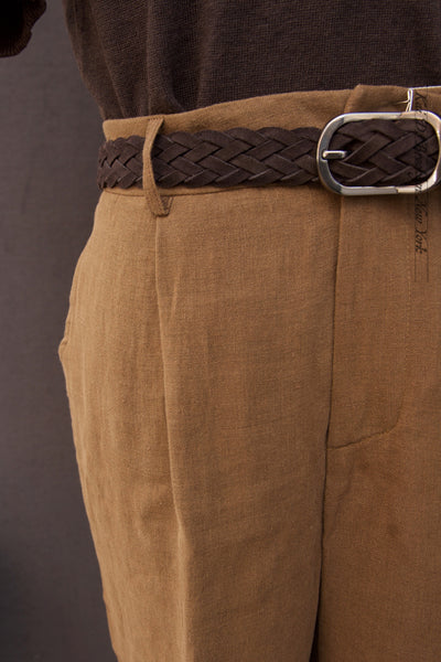 One Pleat Belgian Linen Trousers - Cinnamon - 50, 52 (NO RETURN)