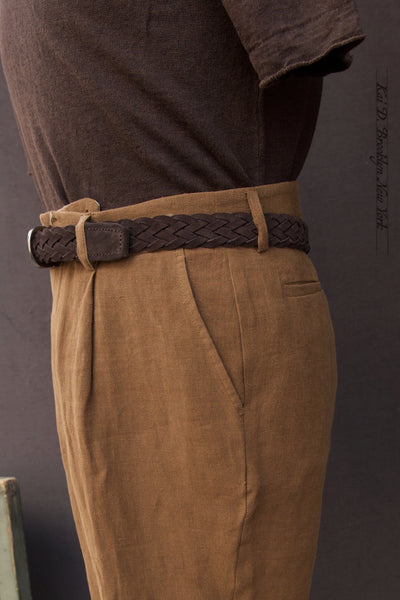 One Pleat Belgian Linen Trousers - Cinnamon - 50, 52 (NO RETURN)