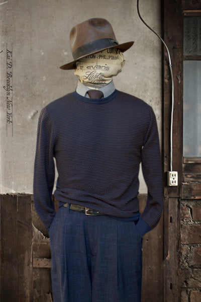 Pebble Stitch Crew Neck Sweater - Blue / Brown - 3(S), 6(XL)