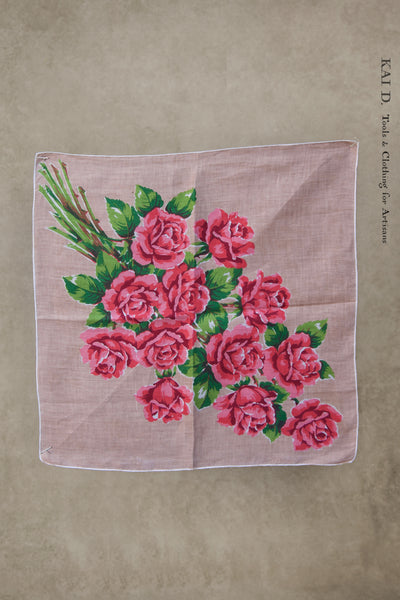 Vintage Linen Pocket Square - Light Pink Roses