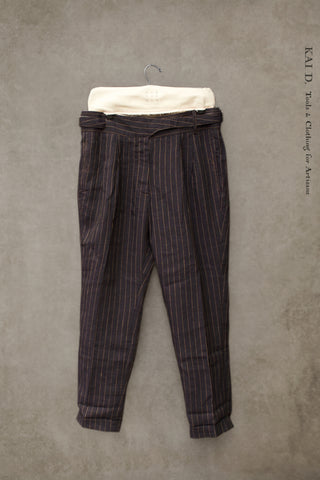 Isa Belted Pants - Navy pinstripe linen -  L
