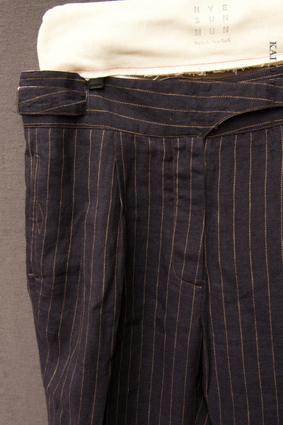 Isa Belted Pants - Navy pinstripe linen -  L