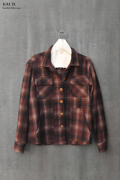 Wool Cashmere Easy Jacket - Dark Burgundy Plaid  - S