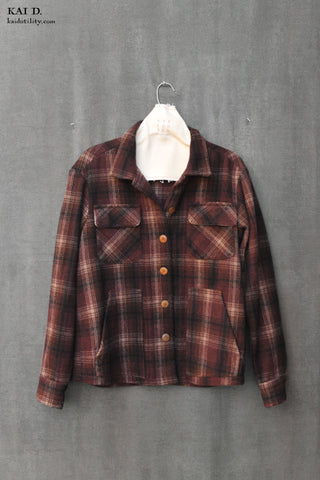 Wool Cashmere Easy Jacket - Dark Burgundy Plaid  - S