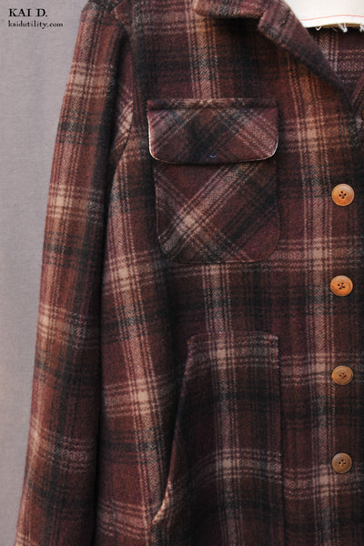 Wool Cashmere Easy Jacket - Dark Burgundy Plaid  - S