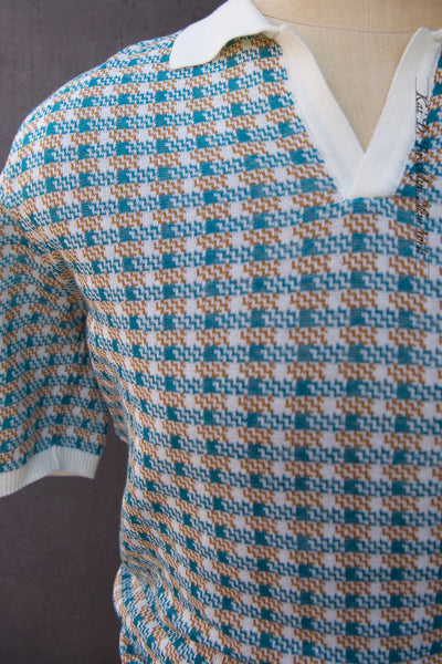 Retro Pattern Polo - Ecru/Rust/Aqua - M (NO RETURN)