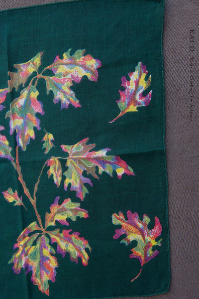 Vintage Linen Pocket Square - Teal Green Rainbow Leaves