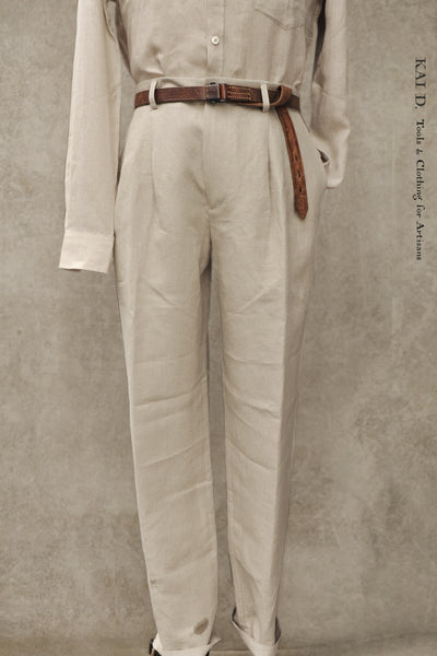 Double Pleat Belgian Linen Trousers - Flax - 46, 48