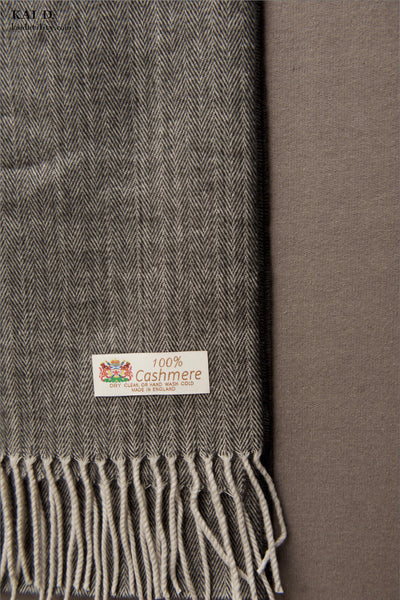 Pure Cashmere Wool Scarf - Grey Herringbone