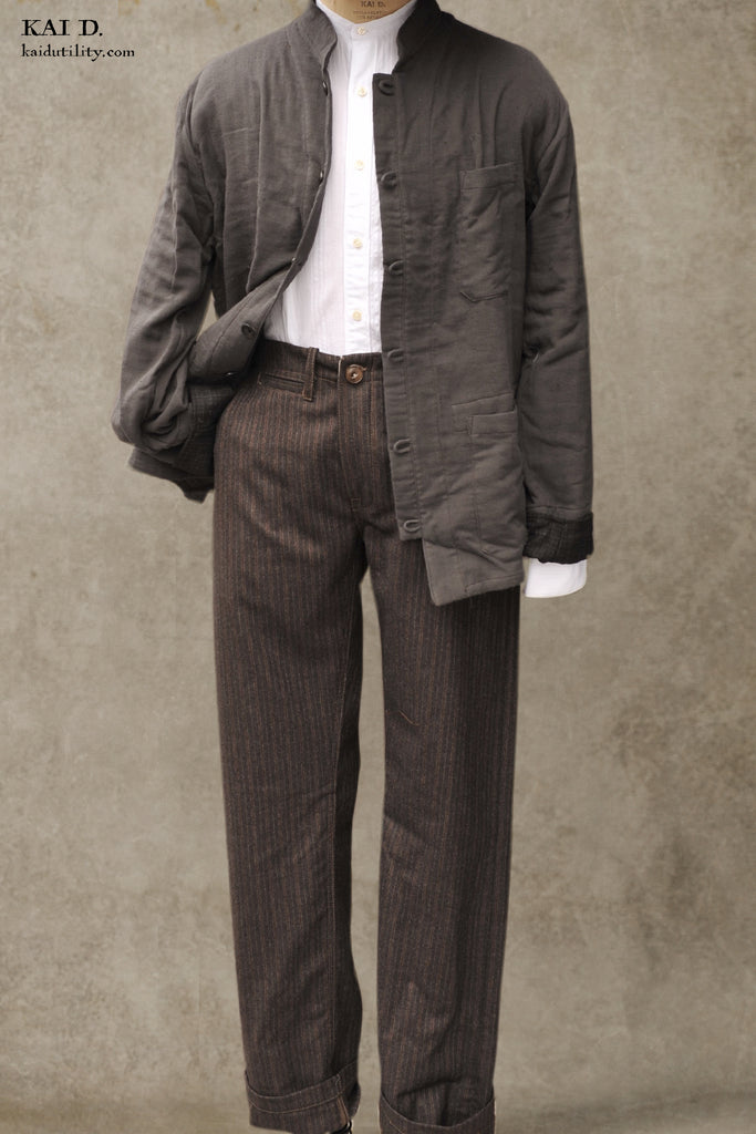 Kai D Utility — Bologna Striped Wool Trousers - Deep Brown