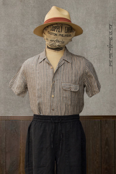 Japanese Linen Camp Shirt - Brown Stripe - M (slim)