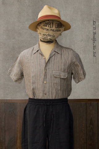 Japanese Linen Camp Shirt - Brown Stripe - M (slim)