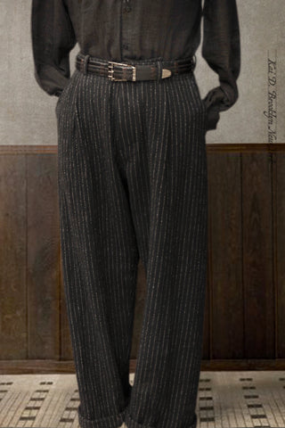 Bobby Wide Cut Pleated Trousers - Black Pinstripe Wool - L (size 35/36)