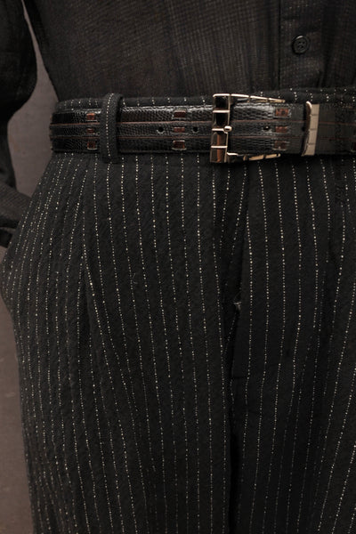 Bobby Wide Cut Pleated Trousers - Black Pinstripe Wool - L (size 35/36)