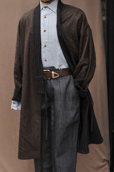 Full Length Japanese Farmer Coat - Chalk Stripe Wool - M (NO RETURN)