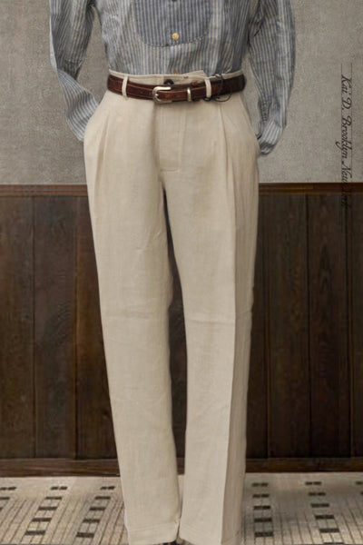 Sune Wide Cut Pleated Trousers - Natural Linen - M, L