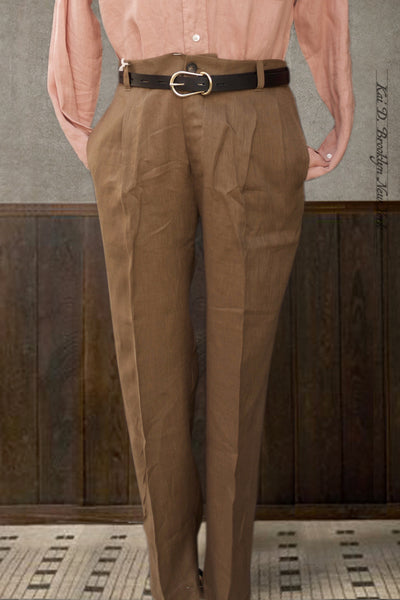 Tuscany Pleated Pants - Brown Air Weight LInen - 34, 36