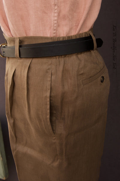Tuscany Pleated Pants - Brown Air Weight LInen - 34, 36