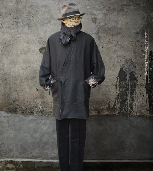 Kyoto Japanese Farmer Coat - Black Crosshatched Linen Twill - S, M (NO RETURN)
