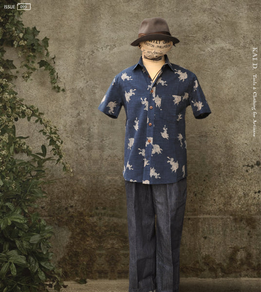 Cassady Shirt - Dragon Print Indigo Cotton - M, L, XL