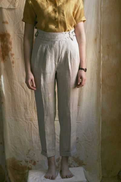 Isa Belted Pants - Cream Linen Herringbone - XS, S, M