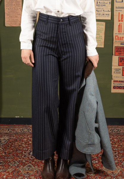 Light Weight Wool Wide Leg Pants - Chalk Stripe  -  28