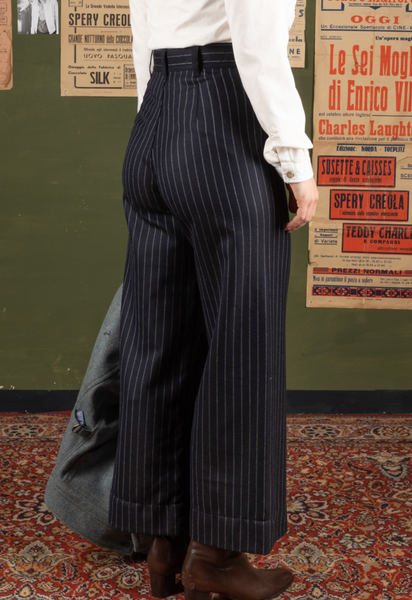 Light Weight Wool Wide Leg Pants - Chalk Stripe  -  28