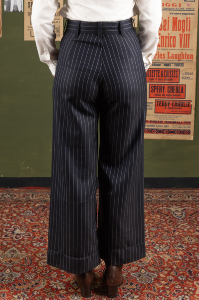 Light Weight Wool Wide Leg Pants - Chalk Stripe  -  28